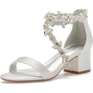 Annas Bridal Size 10 Heel Ivory Satin Peep Toe Low Block Rhinestone Detail Shoe